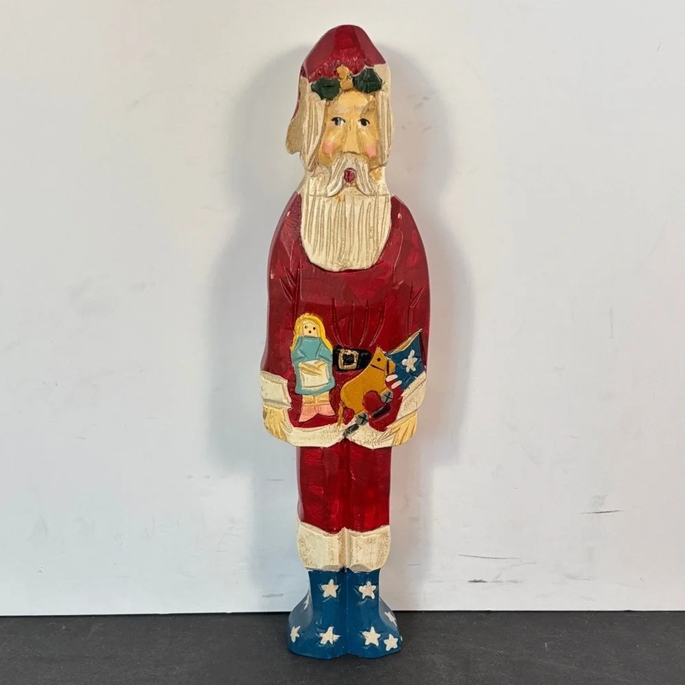 Hand Carved Patriotic Santa Folk Art Wooden Christmas Figure 9 in